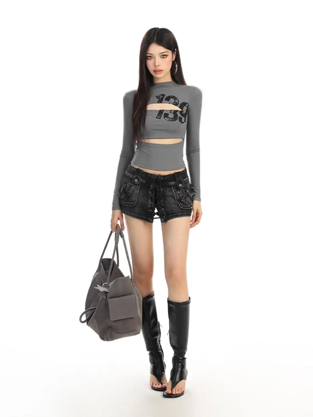 BIGGOLD | Hollow-Out Letter Print Long-Sleeved T-Shirt