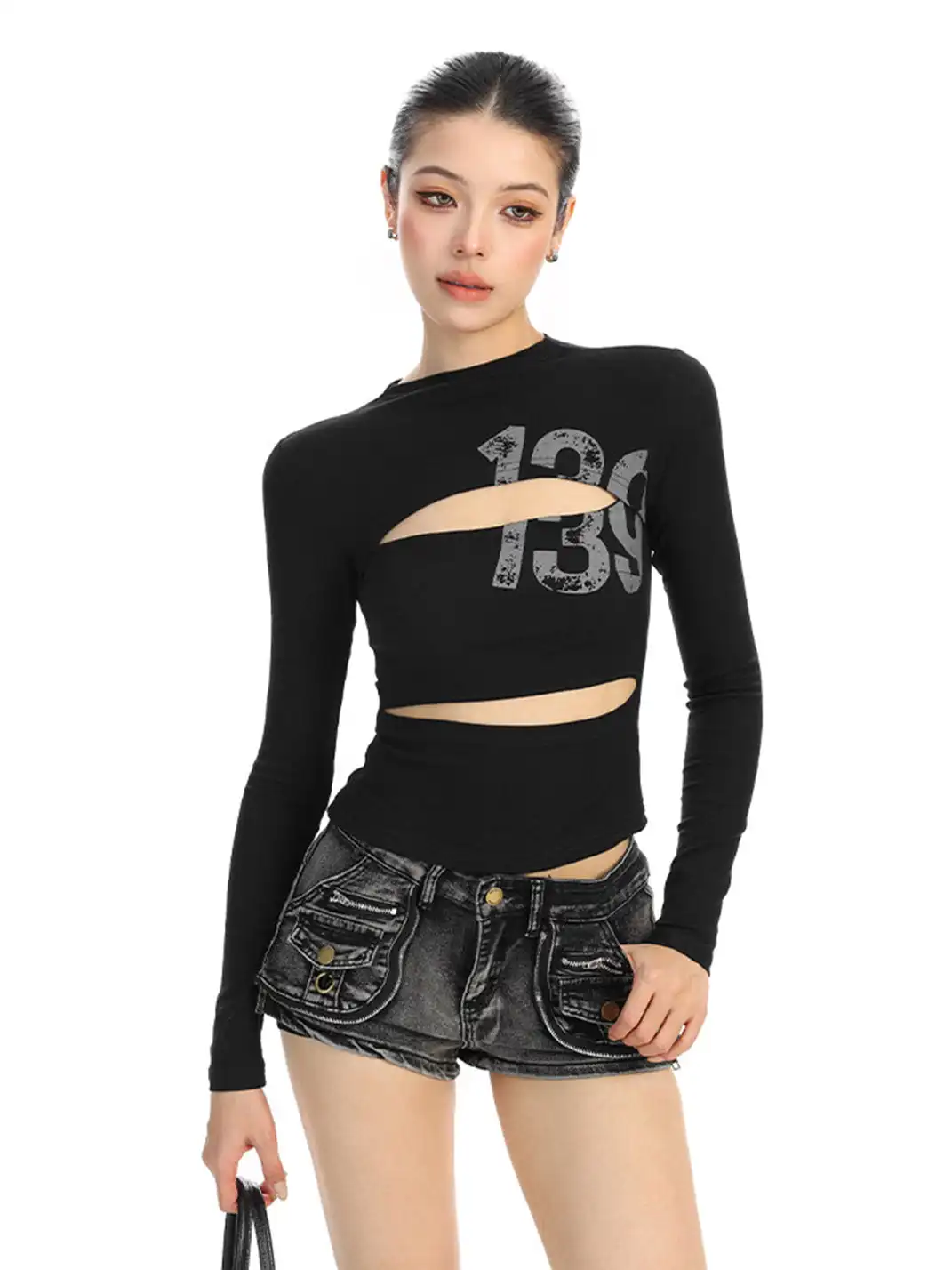 BIGGOLD | Hollow-Out Letter Print Long-Sleeved T-Shirt