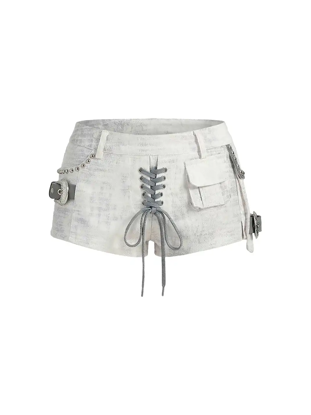 BIGGOLD | Distressed Lace-Up Low-Rise Denim Shorts