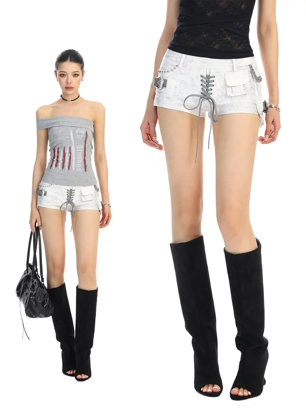 BIGGOLD | Distressed Lace-Up Low-Rise Denim Shorts