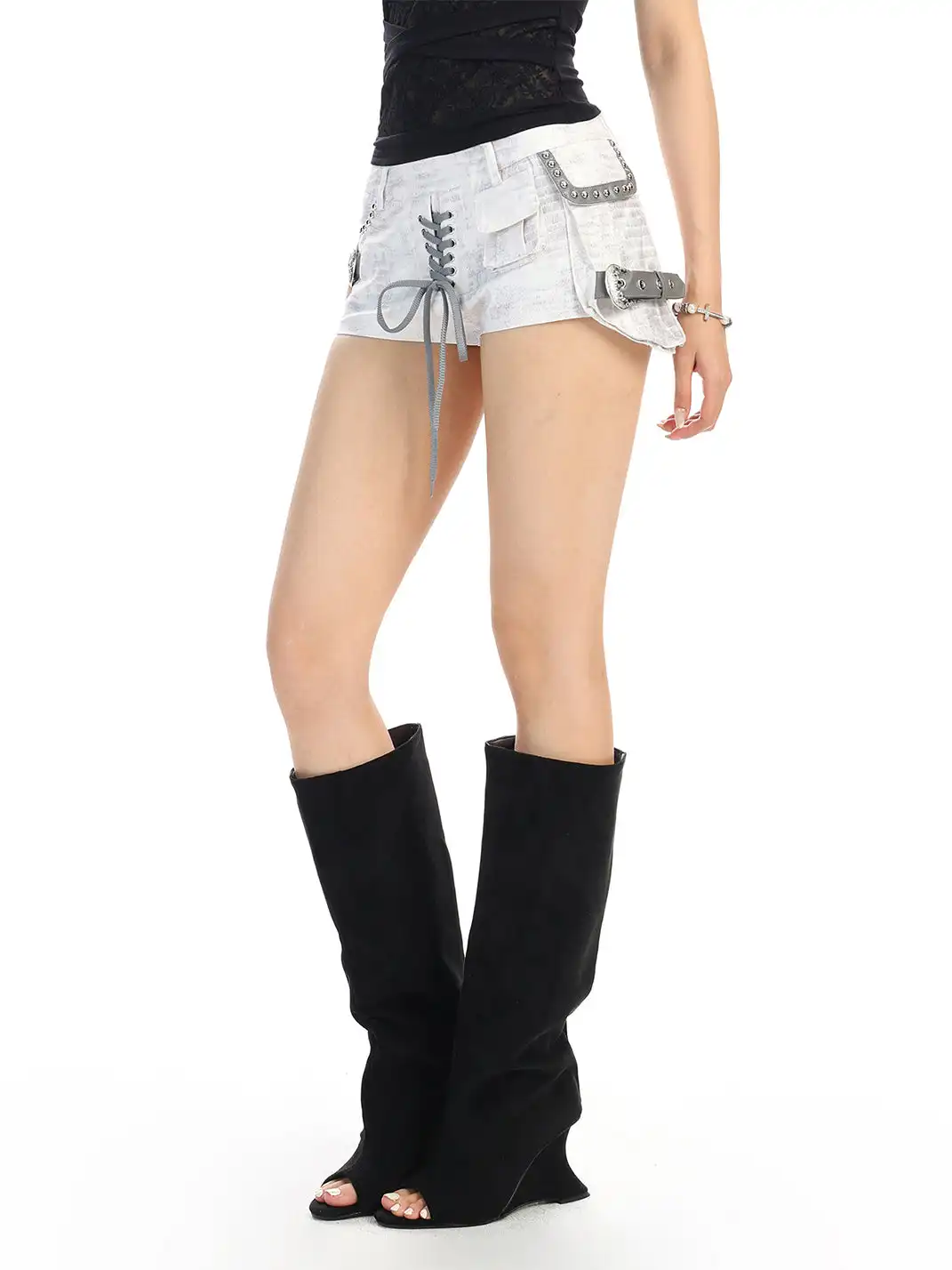 BIGGOLD | Distressed Lace-Up Low-Rise Denim Shorts