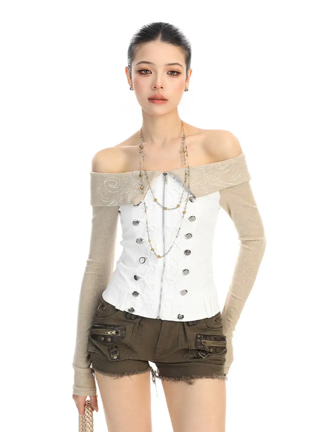 BIGGOLD | Rhinestone Off-Shoulder Button Long-Sleeve T-Shirt