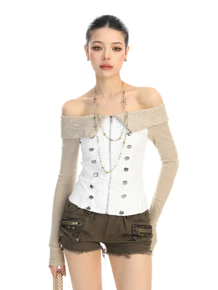 BIGGOLD | Rhinestone Off-Shoulder Button Long-Sleeve T-Shirt - 3