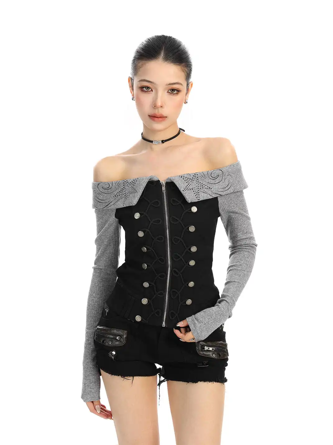 BIGGOLD | Rhinestone Off-Shoulder Button Long-Sleeve T-Shirt