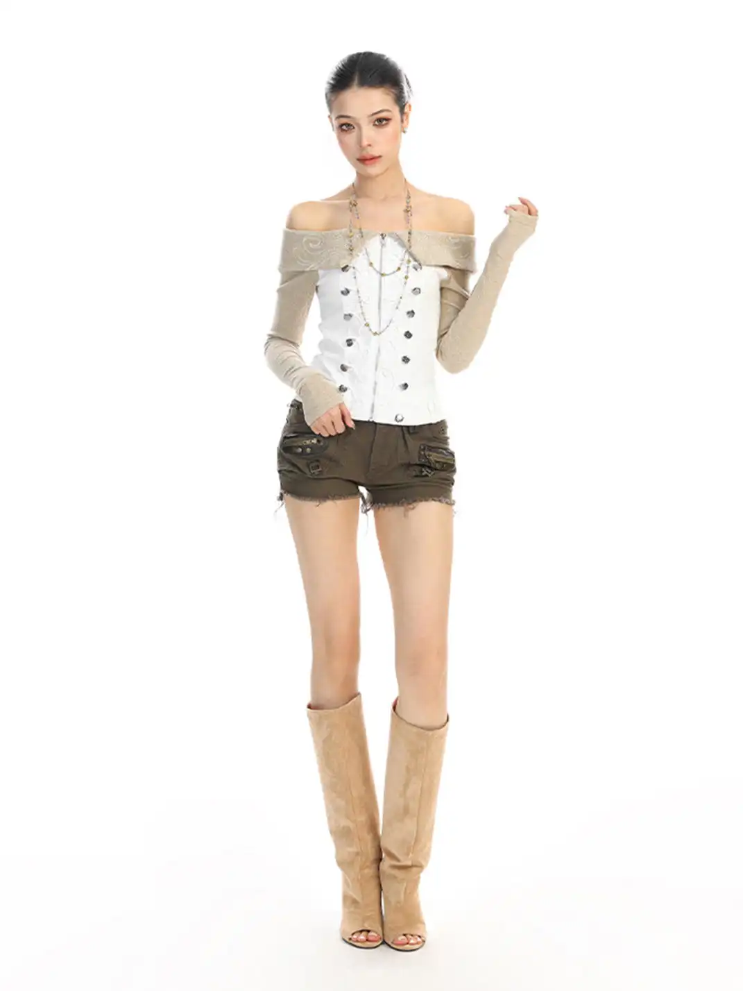 BIGGOLD | Rhinestone Off-Shoulder Button Long-Sleeve T-Shirt