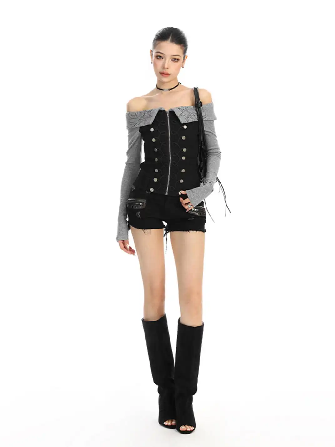 BIGGOLD | Rhinestone Off-Shoulder Button Long-Sleeve T-Shirt
