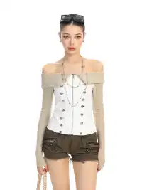 BIGGOLD | Rhinestone Off-Shoulder Button Long-Sleeve T-Shirt