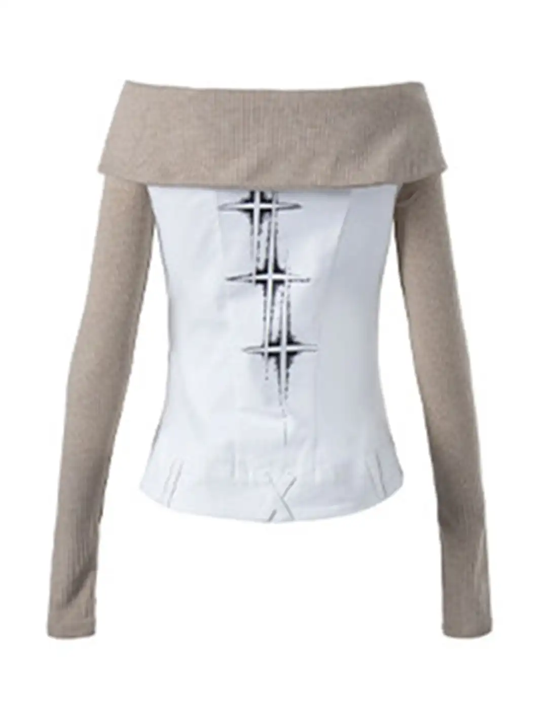 BIGGOLD | Rhinestone Off-Shoulder Button Long-Sleeve T-Shirt