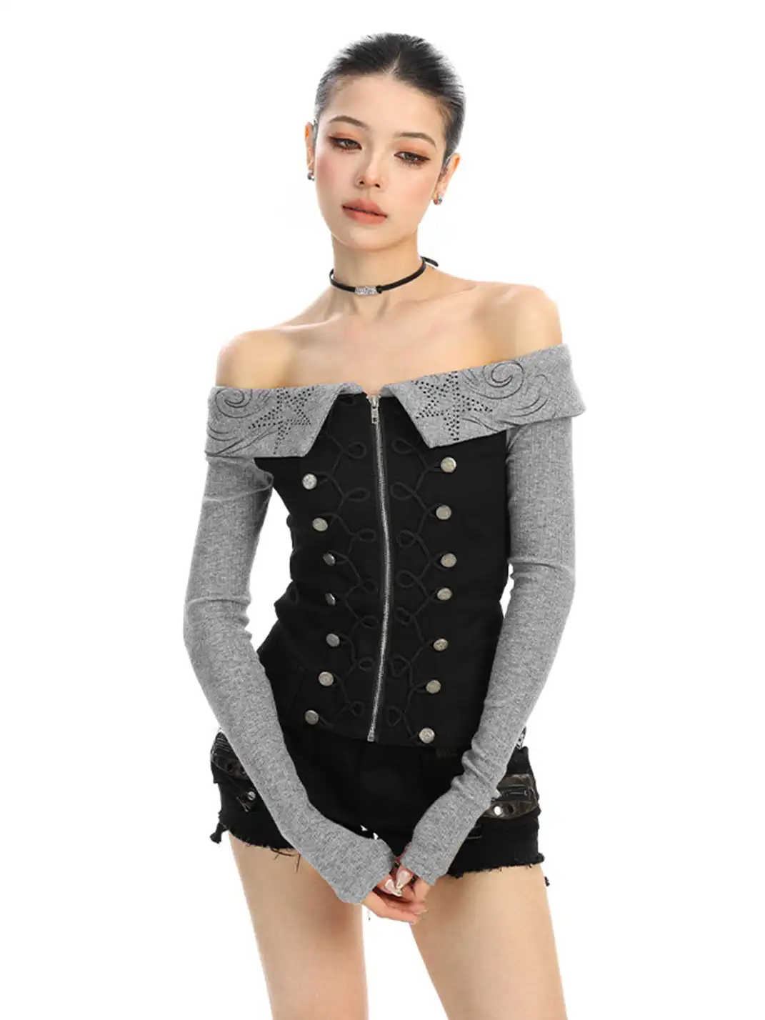 BIGGOLD | Rhinestone Off-Shoulder Button Long-Sleeve T-Shirt