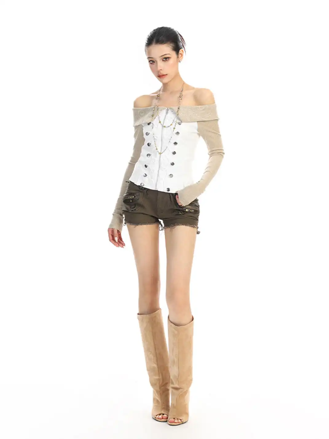 BIGGOLD | Rhinestone Off-Shoulder Button Long-Sleeve T-Shirt