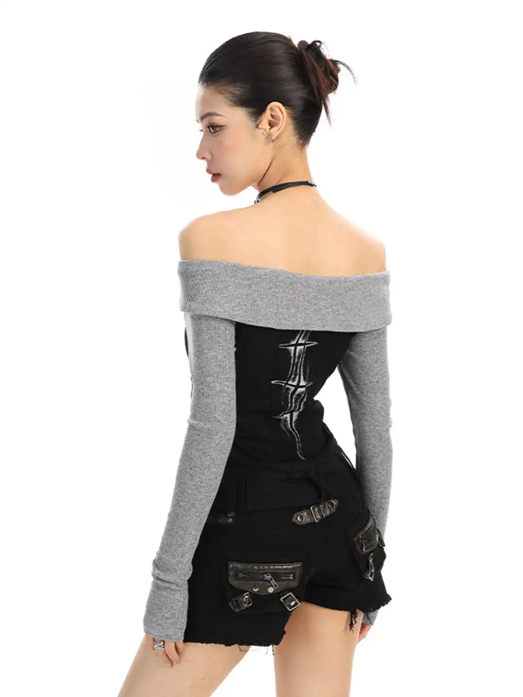 BIGGOLD | Rhinestone Off-Shoulder Button Long-Sleeve T-Shirt
