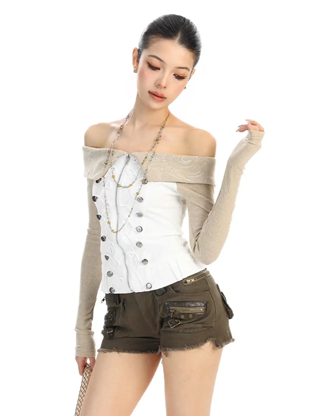 BIGGOLD | Rhinestone Off-Shoulder Button Long-Sleeve T-Shirt