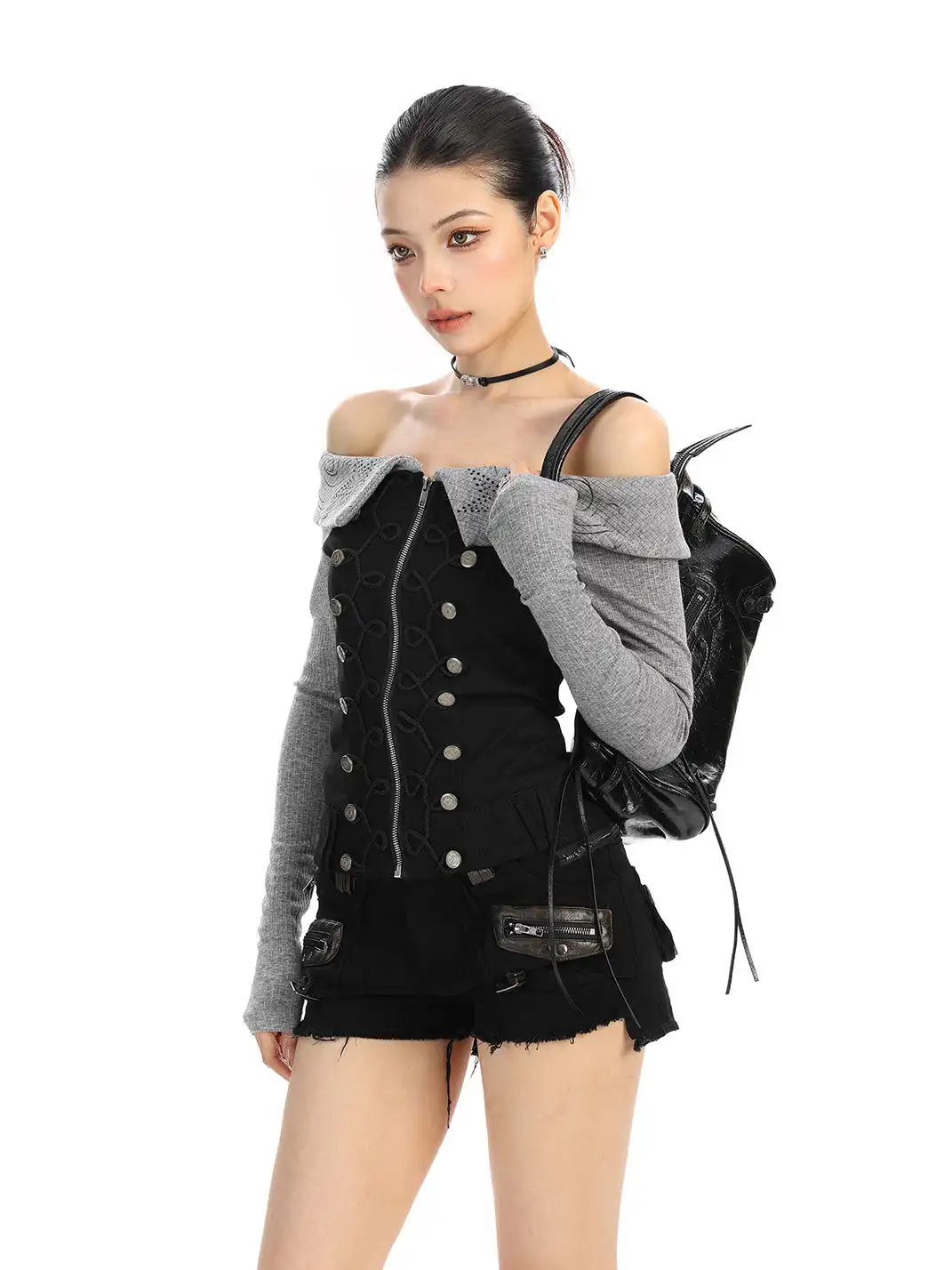 BIGGOLD | Rhinestone Off-Shoulder Button Long-Sleeve T-Shirt