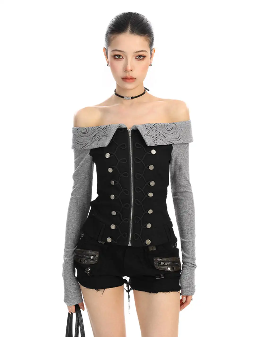 BIGGOLD | Rhinestone Off-Shoulder Button Long-Sleeve T-Shirt