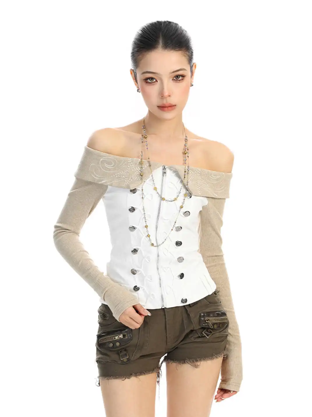 BIGGOLD | Rhinestone Off-Shoulder Button Long-Sleeve T-Shirt