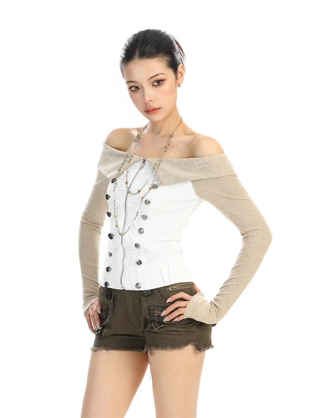 BIGGOLD | Rhinestone Off-Shoulder Button Long-Sleeve T-Shirt