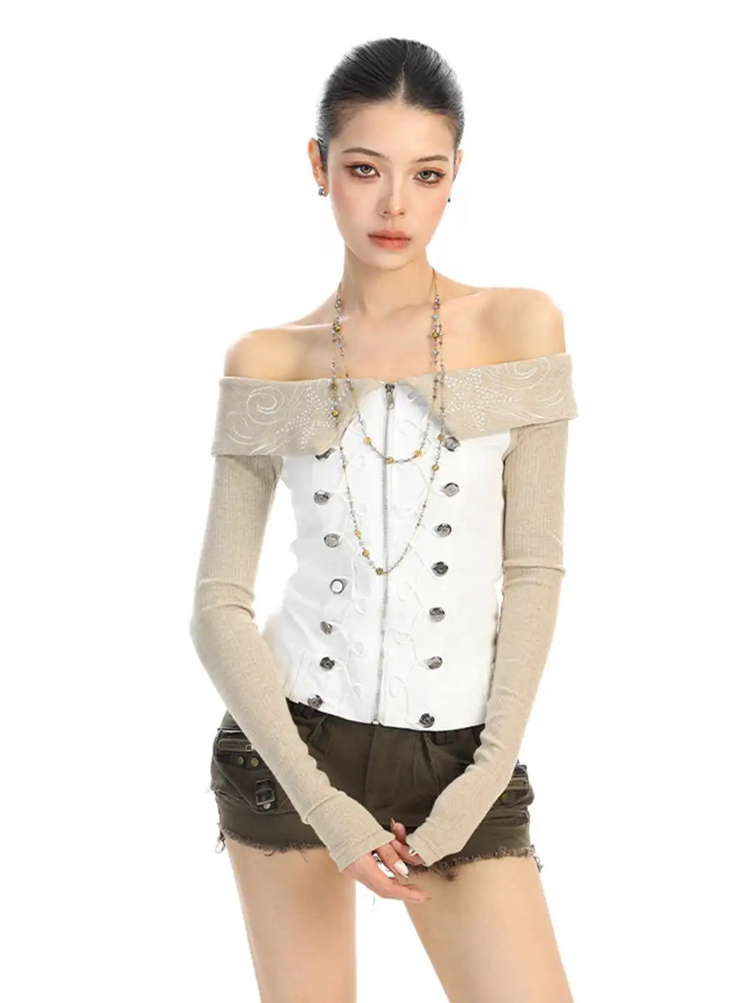 BIGGOLD | Rhinestone Off-Shoulder Button Long-Sleeve T-Shirt