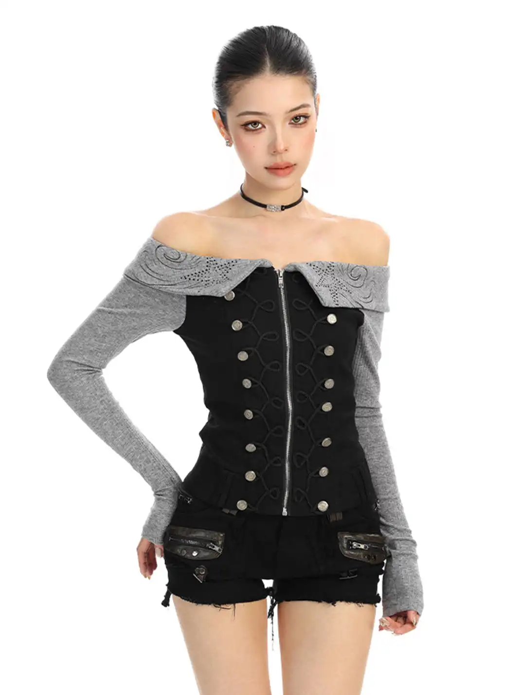 BIGGOLD | Rhinestone Off-Shoulder Button Long-Sleeve T-Shirt
