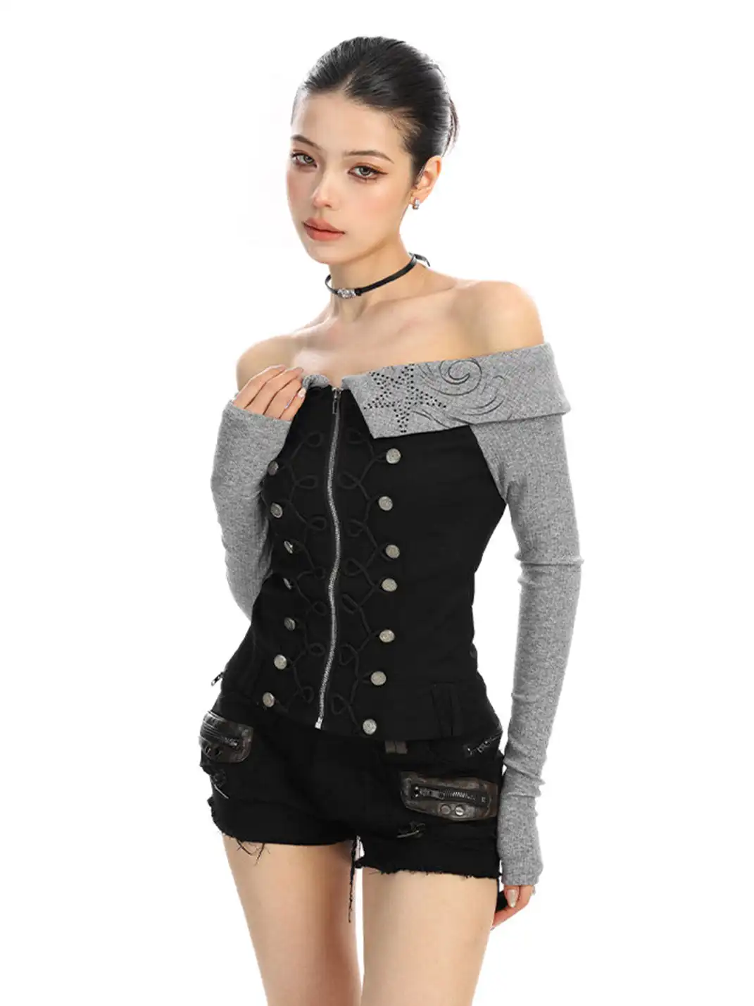 BIGGOLD | Rhinestone Off-Shoulder Button Long-Sleeve T-Shirt