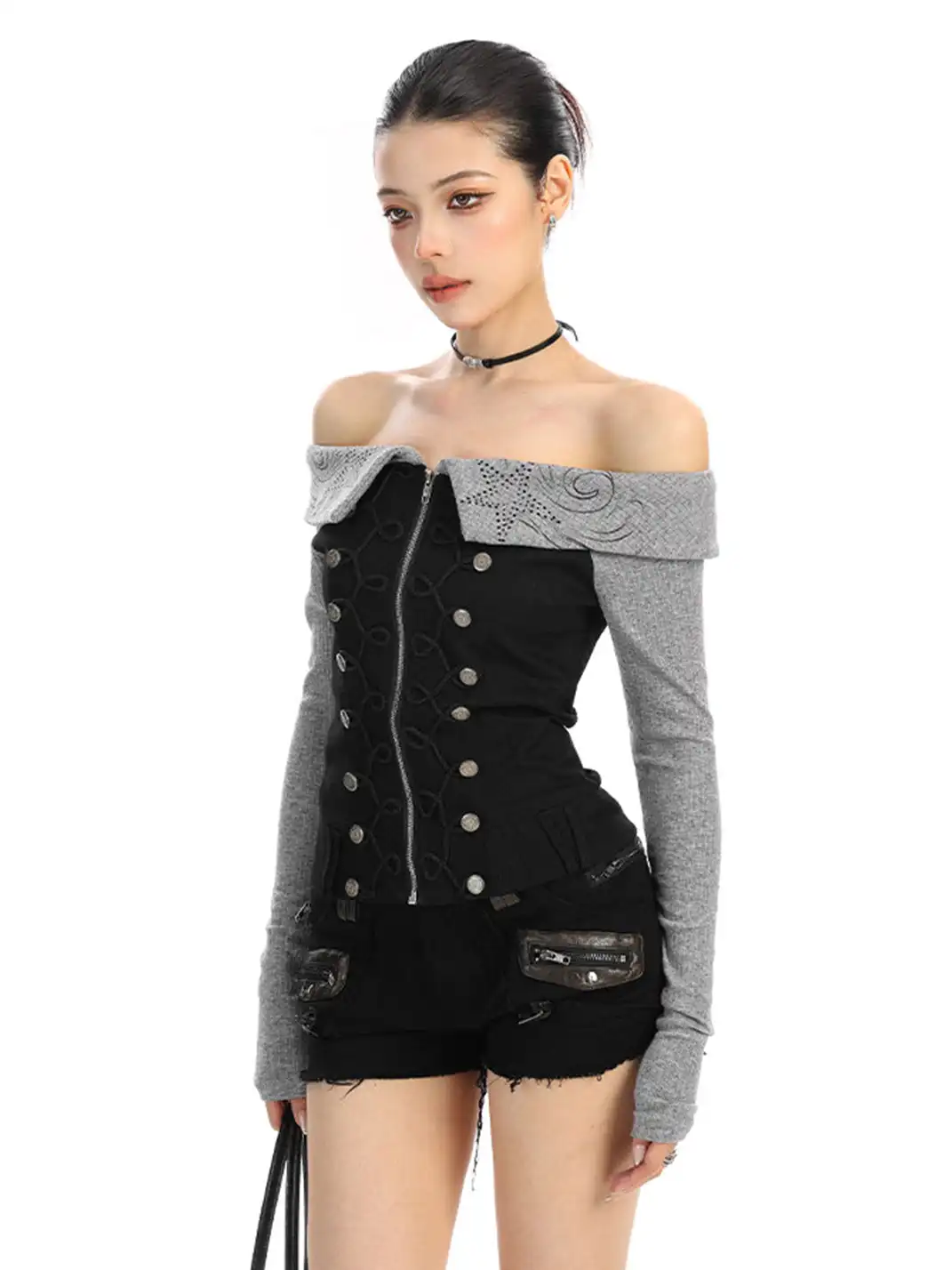 BIGGOLD | Rhinestone Off-Shoulder Button Long-Sleeve T-Shirt