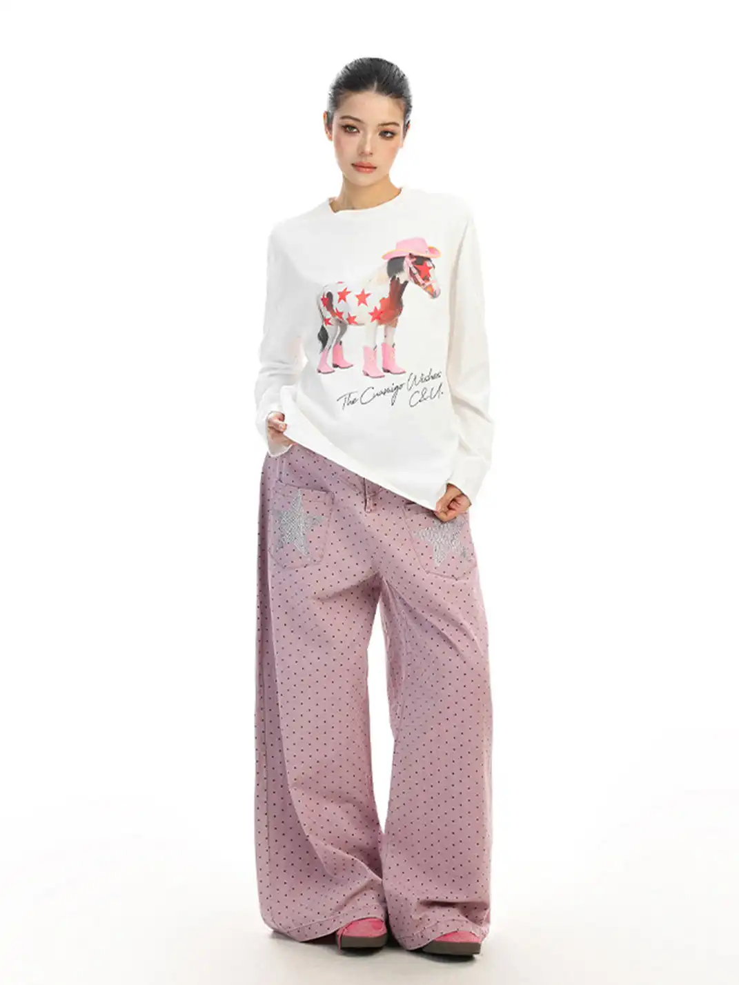BIGGOLD | Pony Graffiti Print Crew Neck Long-Sleeved T-Shirt