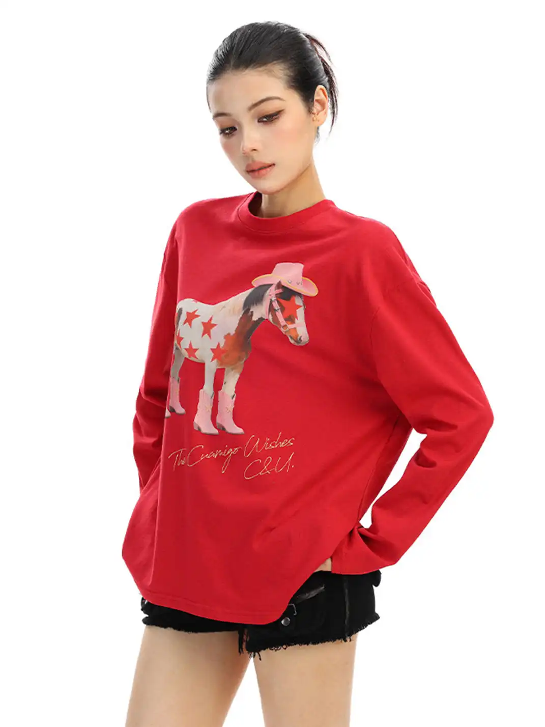 BIGGOLD | Pony Graffiti Print Crew Neck Long-Sleeved T-Shirt