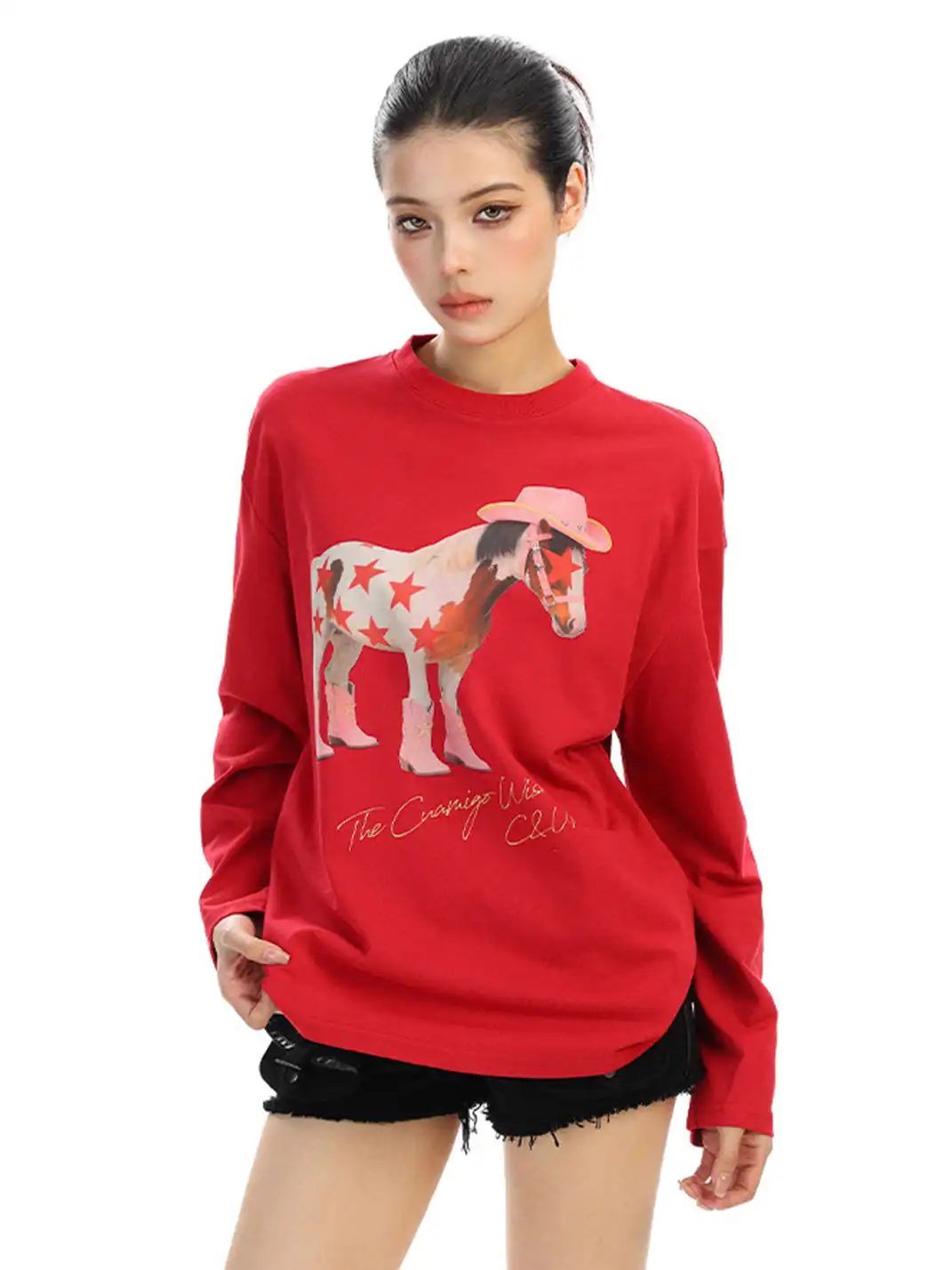 BIGGOLD | Pony Graffiti Print Crew Neck Long-Sleeved T-Shirt