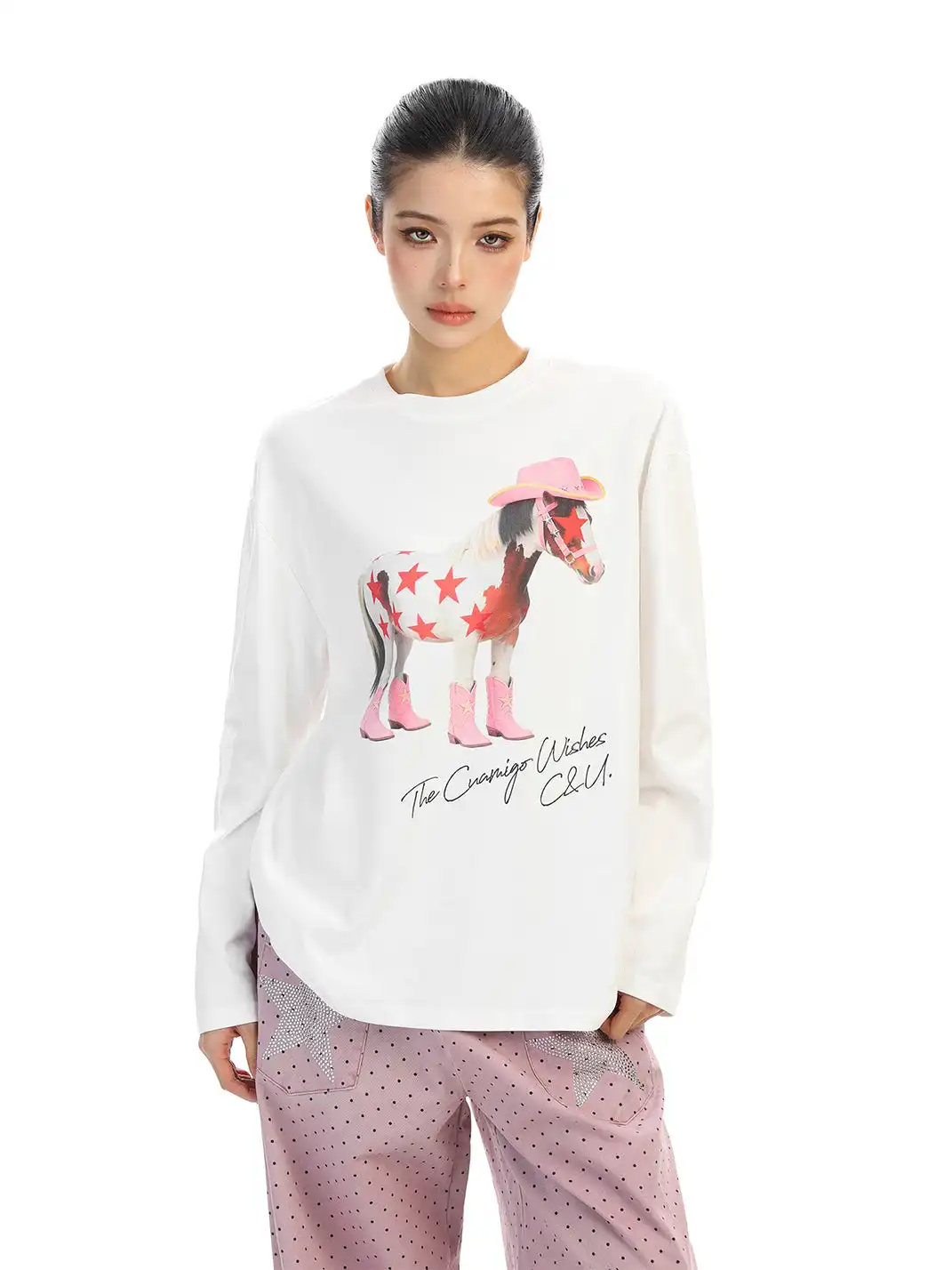 BIGGOLD | Pony Graffiti Print Crew Neck Long-Sleeved T-Shirt