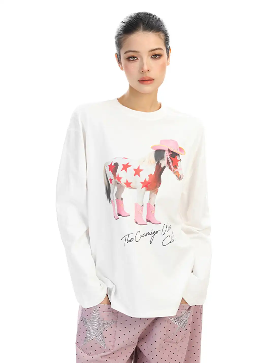 BIGGOLD | Pony Graffiti Print Crew Neck Long-Sleeved T-Shirt