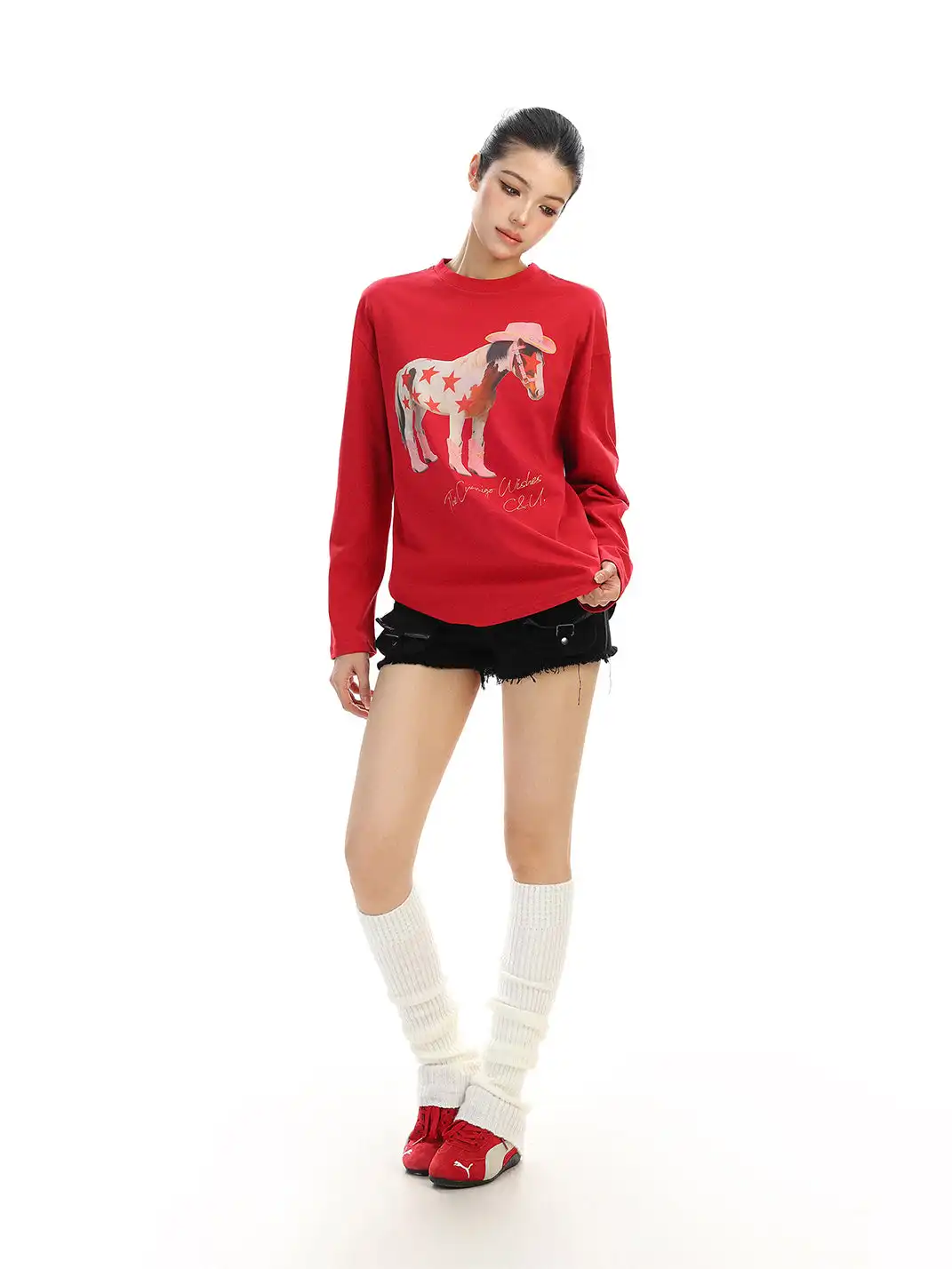 BIGGOLD | Pony Graffiti Print Crew Neck Long-Sleeved T-Shirt