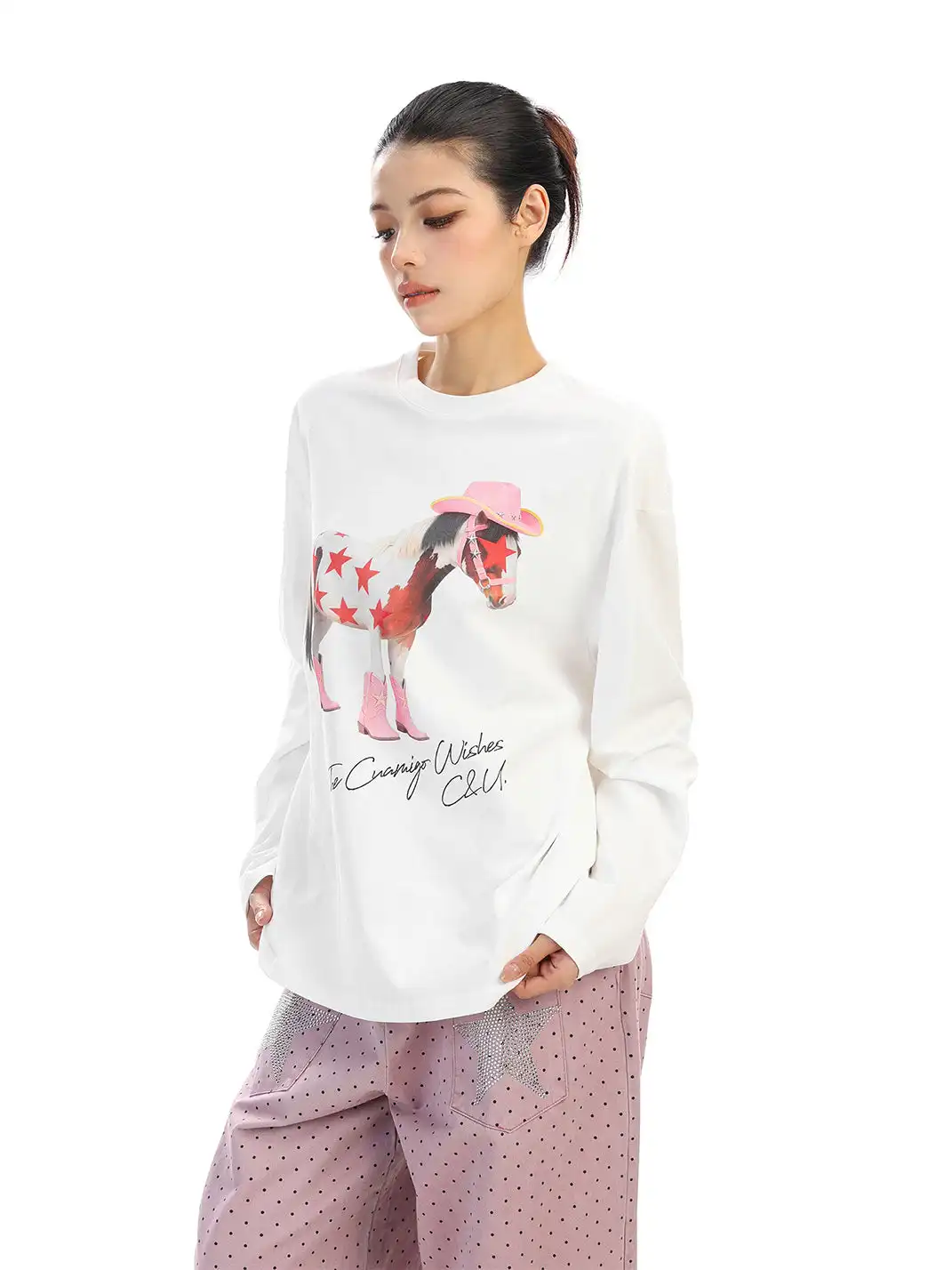 BIGGOLD | Pony Graffiti Print Crew Neck Long-Sleeved T-Shirt