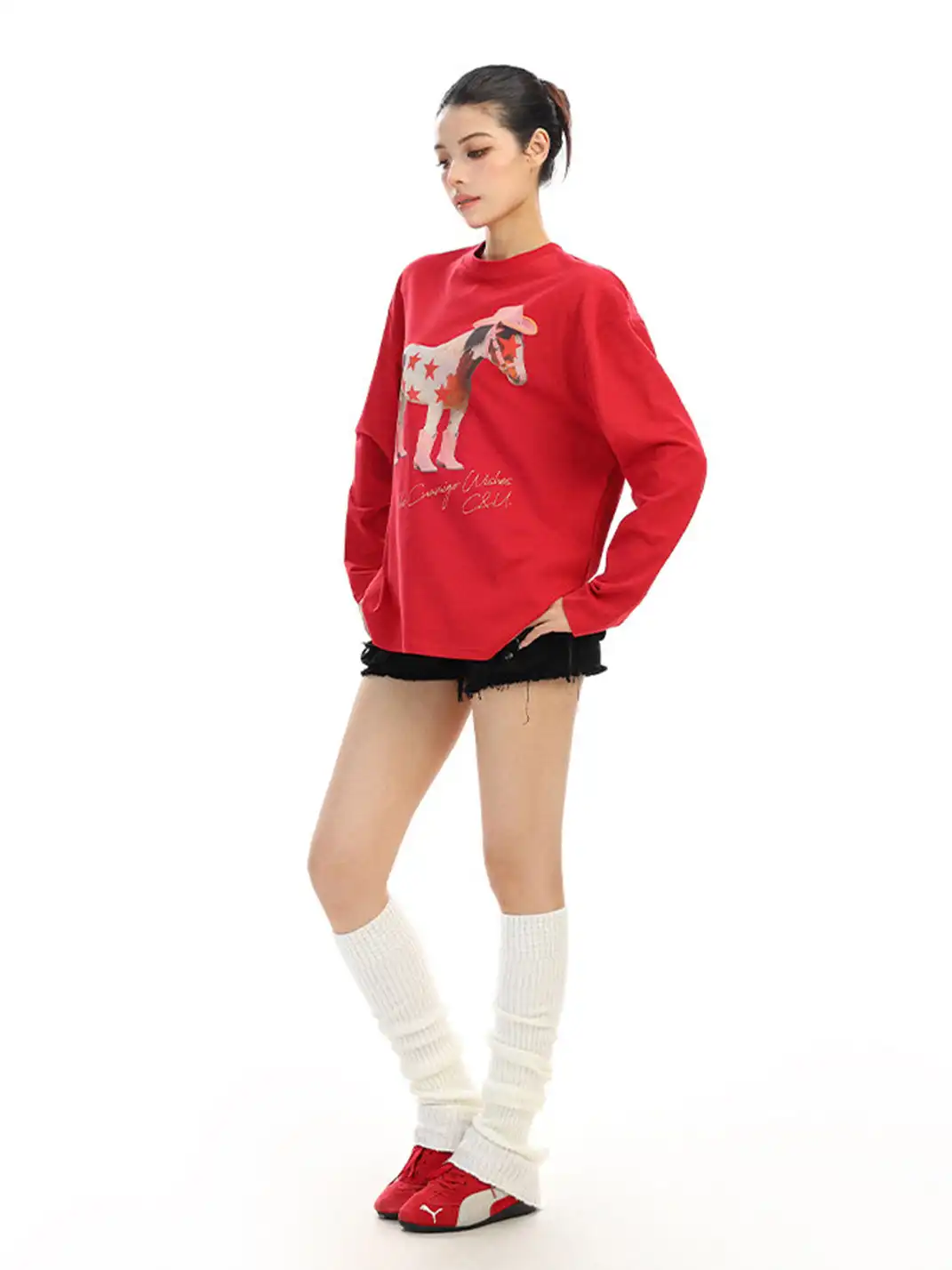 BIGGOLD | Pony Graffiti Print Crew Neck Long-Sleeved T-Shirt