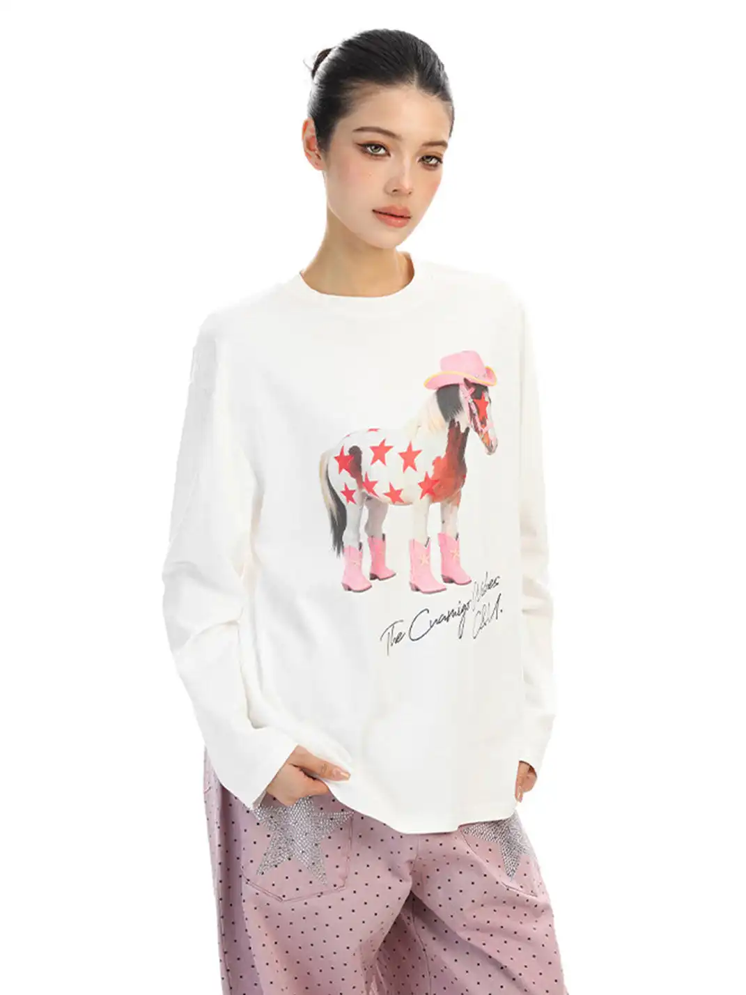 BIGGOLD | Pony Graffiti Print Crew Neck Long-Sleeved T-Shirt