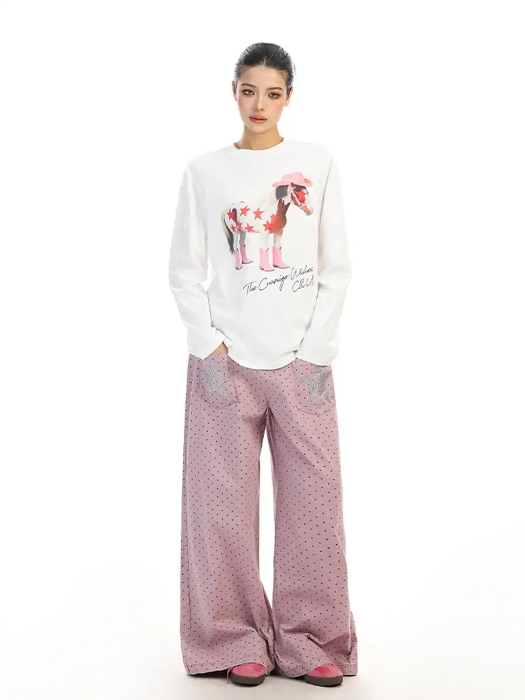 BIGGOLD | Pony Graffiti Print Crew Neck Long-Sleeved T-Shirt