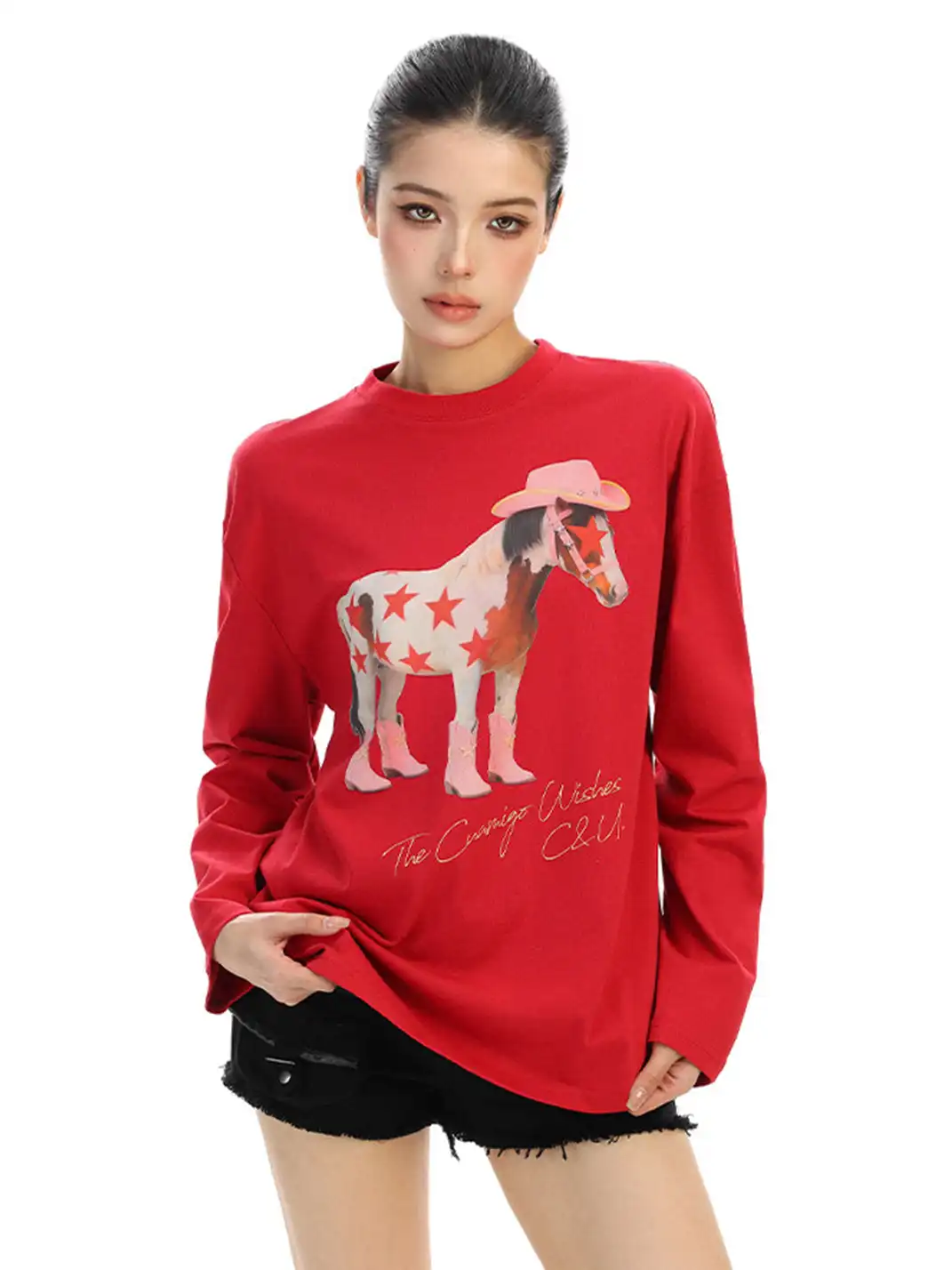 BIGGOLD | Pony Graffiti Print Crew Neck Long-Sleeved T-Shirt