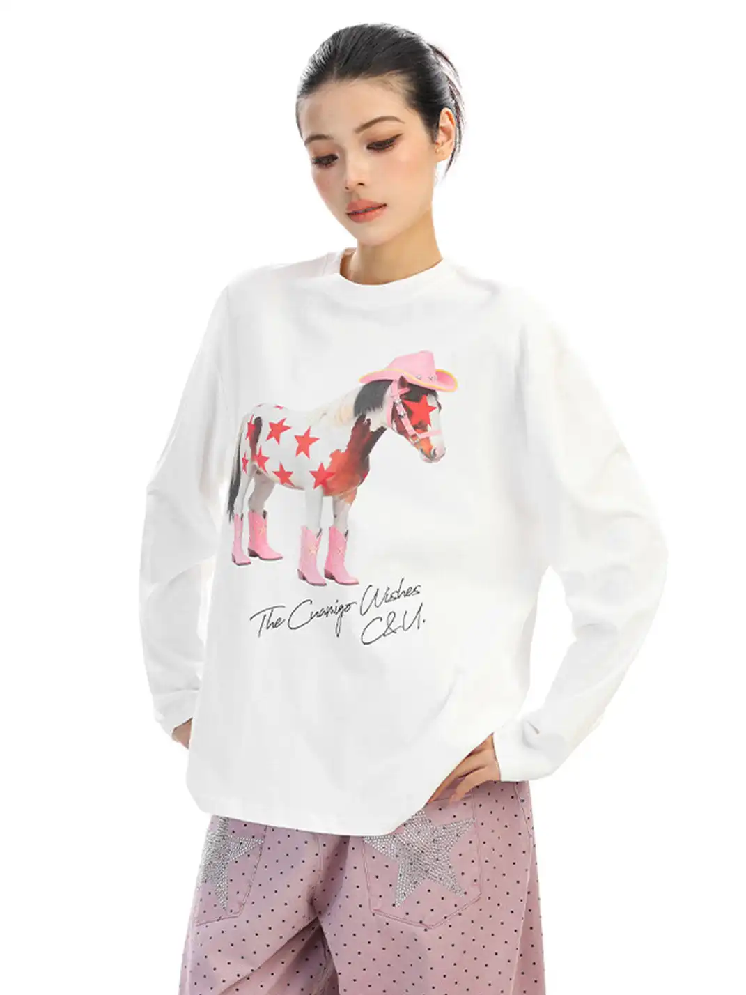 BIGGOLD | Pony Graffiti Print Crew Neck Long-Sleeved T-Shirt