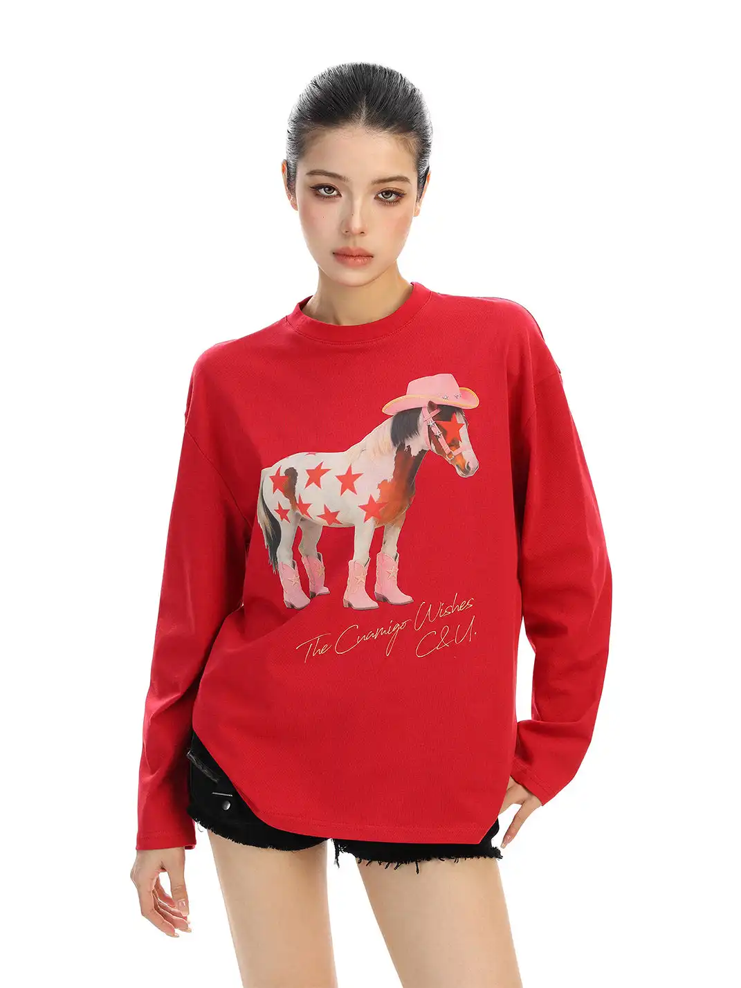 BIGGOLD | Pony Graffiti Print Crew Neck Long-Sleeved T-Shirt