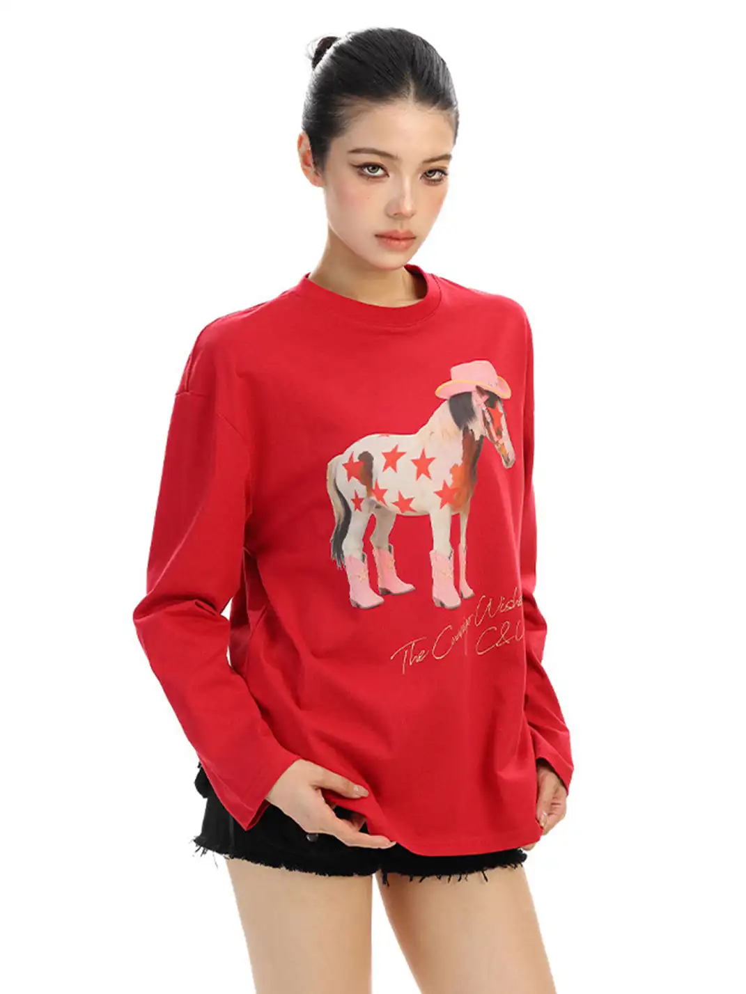 BIGGOLD | Pony Graffiti Print Crew Neck Long-Sleeved T-Shirt