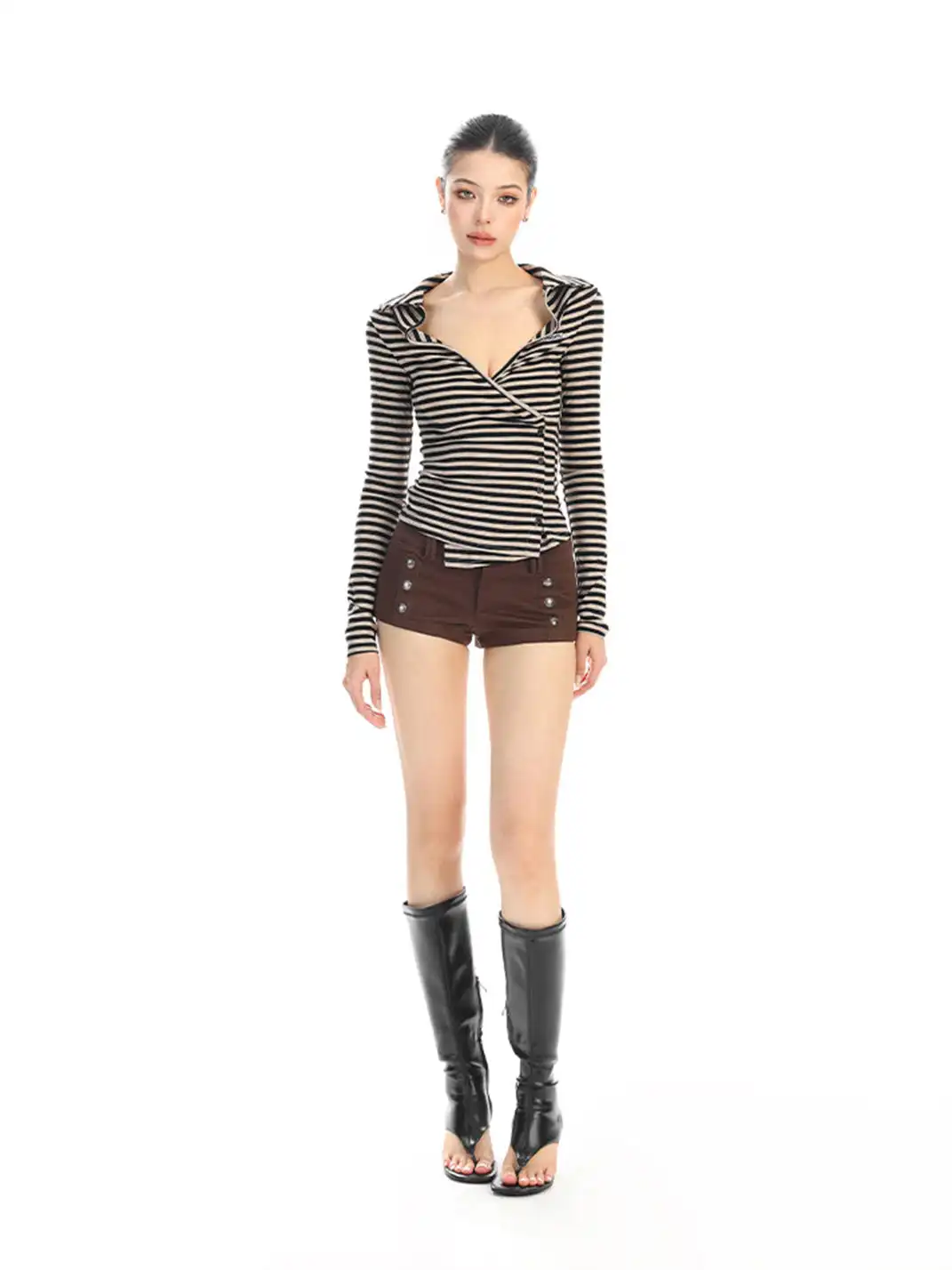 BIGGOLD | Irregular Button Striped Long-Sleeved T-Shirt