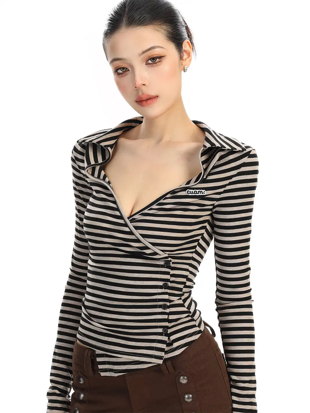 BIGGOLD | Irregular Button Striped Long-Sleeved T-Shirt