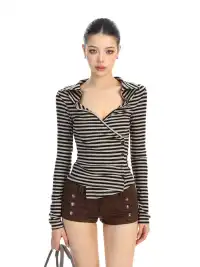 BIGGOLD | Irregular Button Striped Long-Sleeved T-Shirt