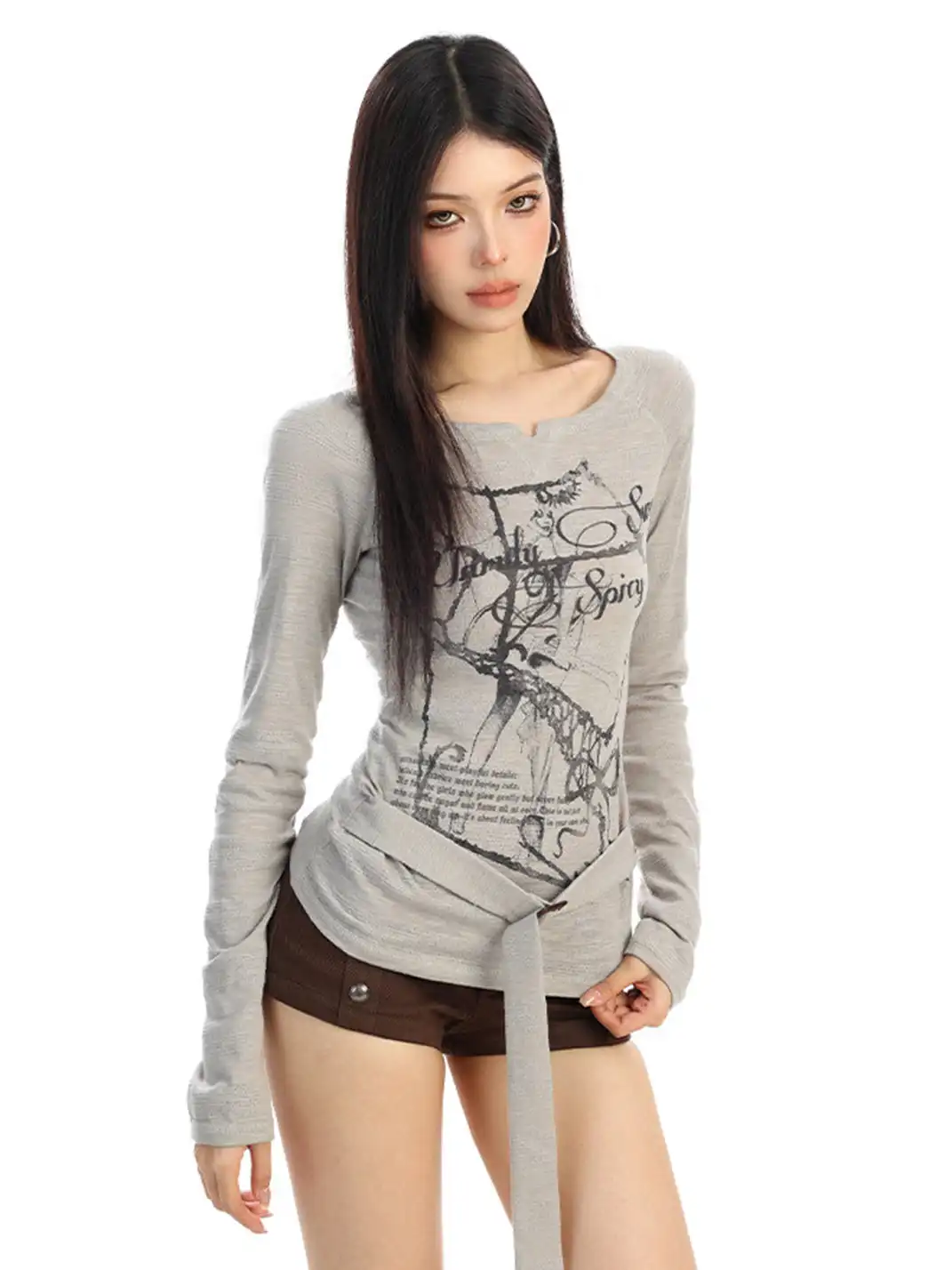 BIGGOLD | Graffiti-Print Drawstring Crew Neck Long-Sleeved T-Shirt
