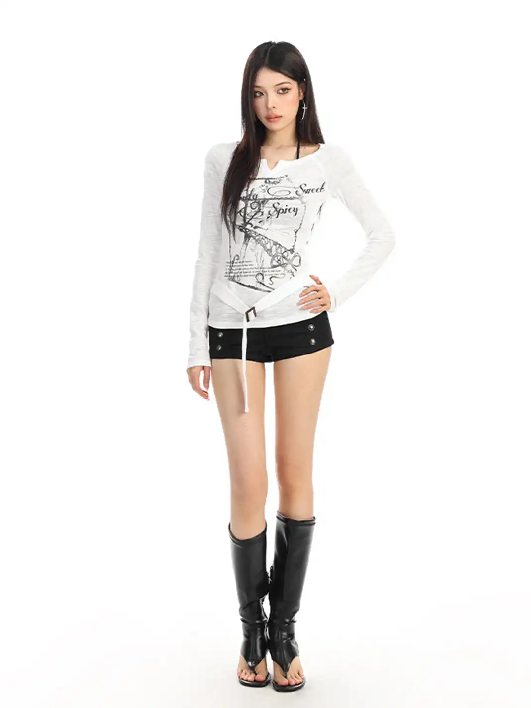 BIGGOLD | Graffiti-Print Drawstring Crew Neck Long-Sleeved T-Shirt