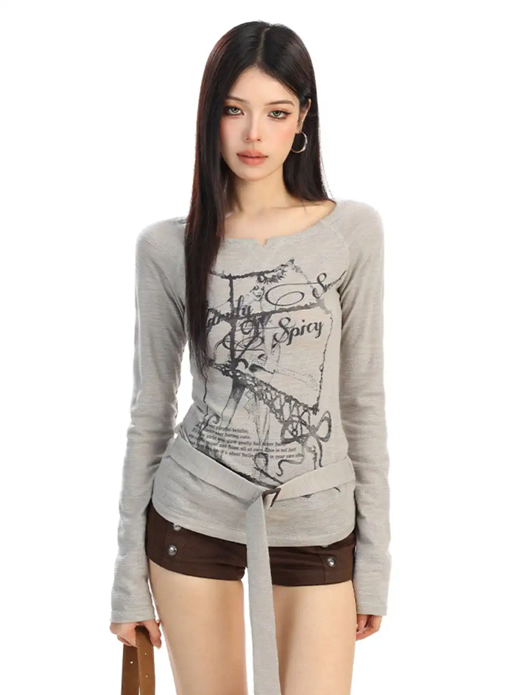 BIGGOLD | Graffiti-Print Drawstring Crew Neck Long-Sleeved T-Shirt