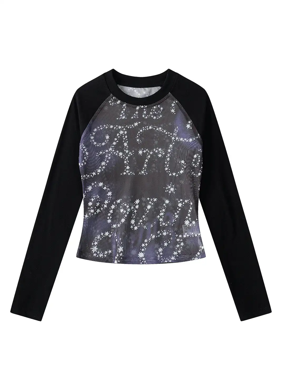 BIGGOLD | Star-Patterned Sheer Mesh Patchwork Long-Sleeved T-Shirt