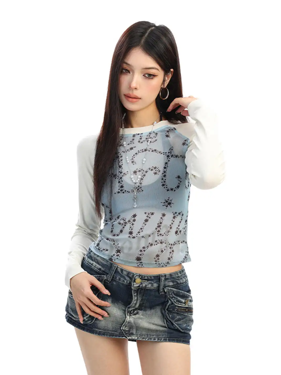 BIGGOLD | Star-Patterned Sheer Mesh Patchwork Long-Sleeved T-Shirt