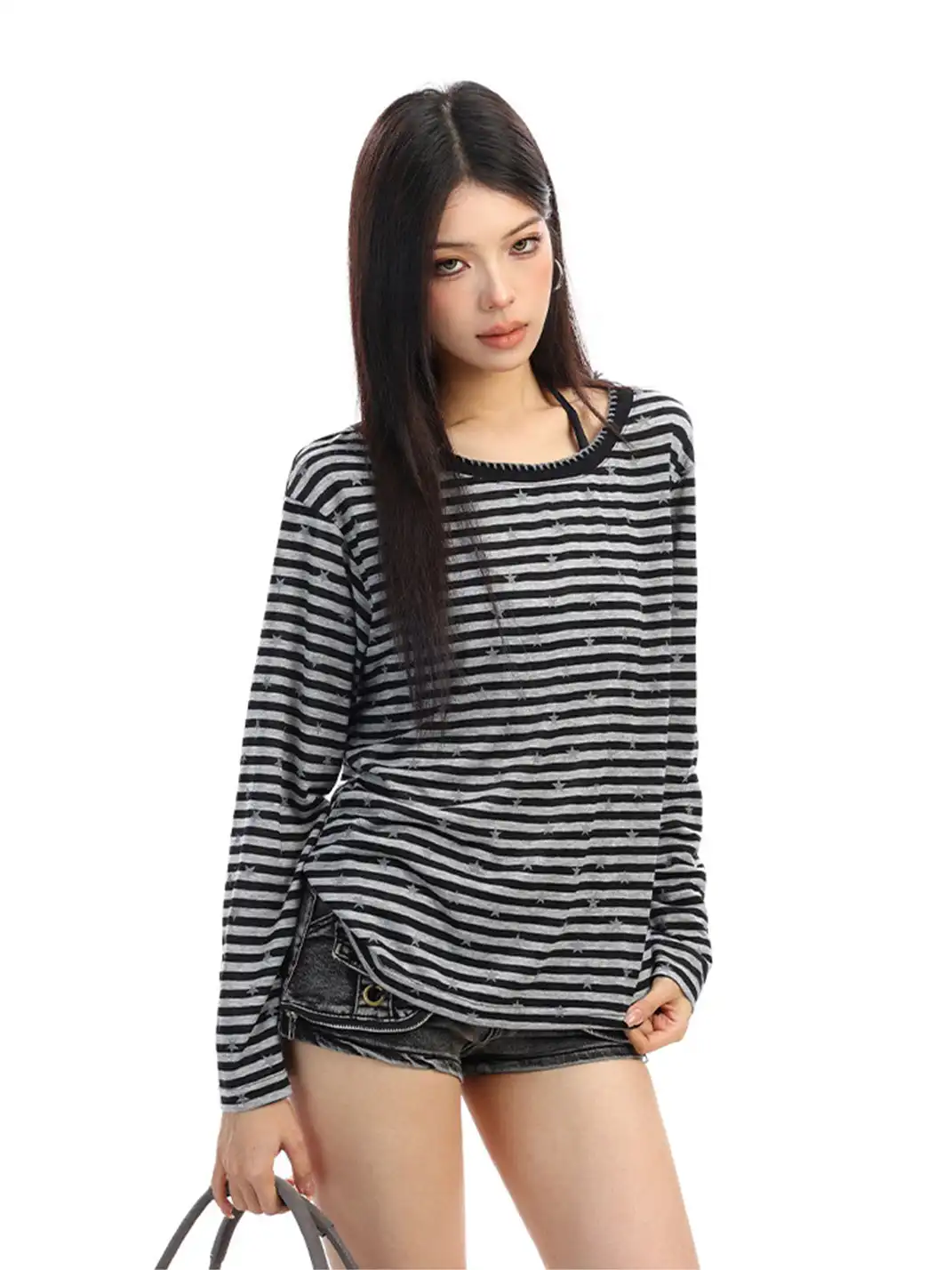 BIGGOLD | Color-Blocked Striped Star Long-Sleeved Top