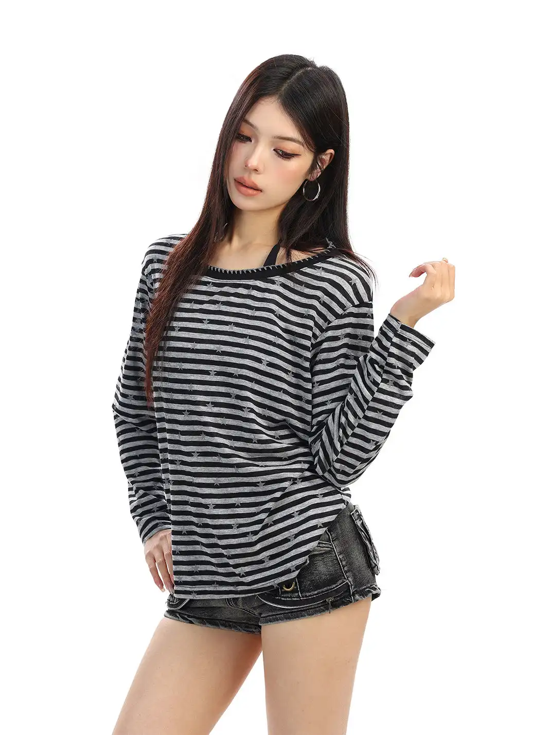 BIGGOLD | Color-Blocked Striped Star Long-Sleeved Top