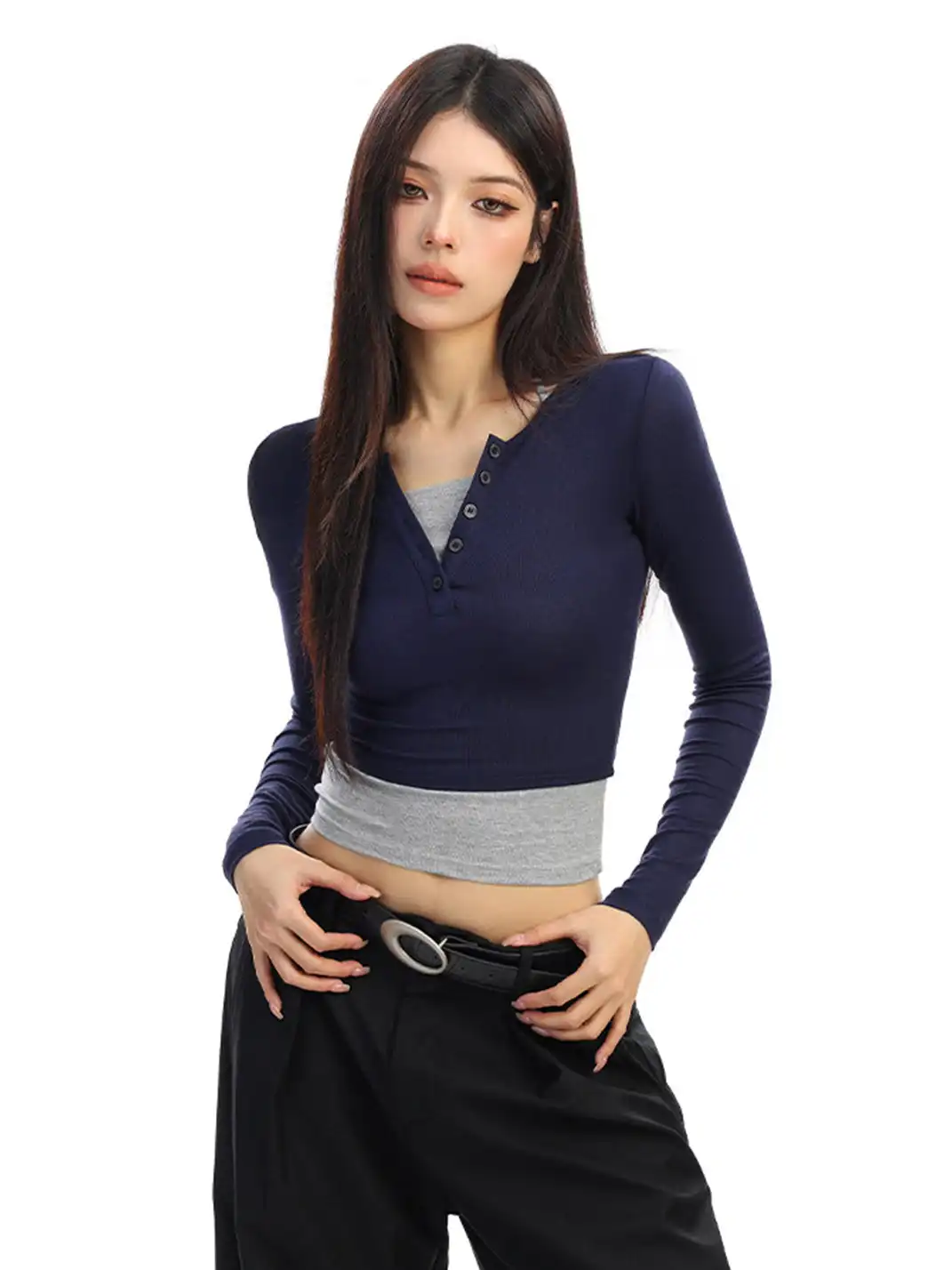 BIGGOLD | Color-Blocked Faux Two-Piece Long-Sleeved T-Shirt
