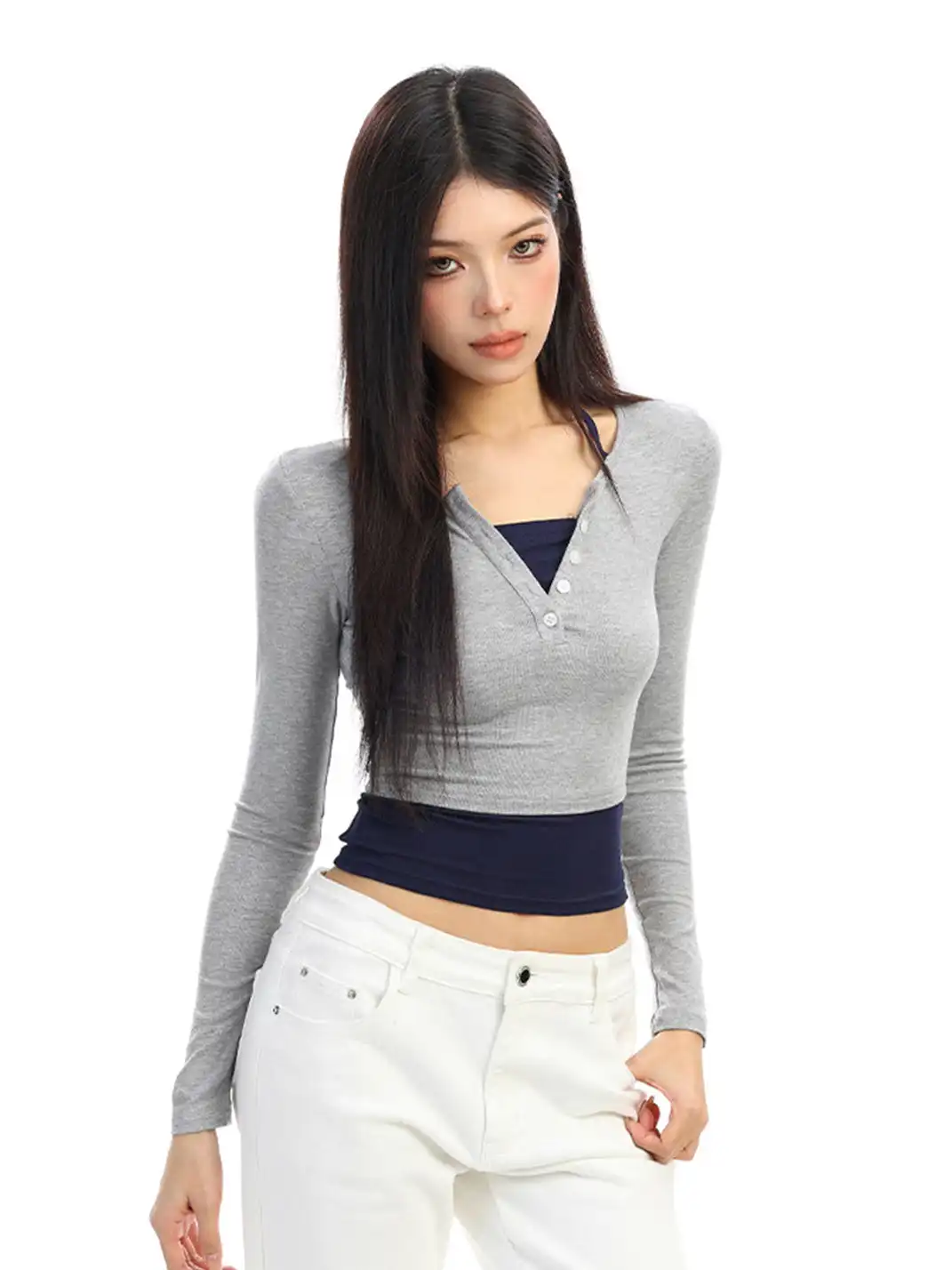 BIGGOLD | Color-Blocked Faux Two-Piece Long-Sleeved T-Shirt